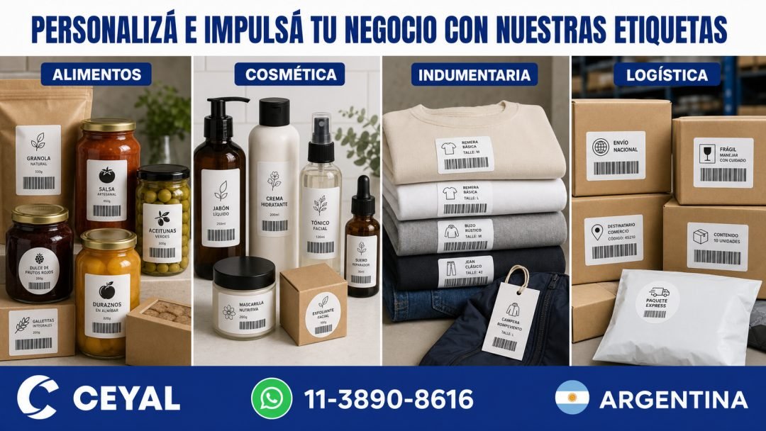 Productos de diferentes rubros con etiquetas personalizadas y códigos de barras