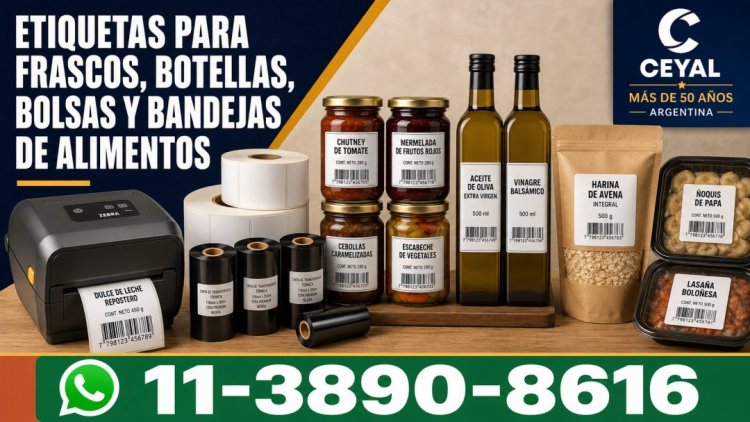 Etiquetas impresas para frascos, botellas, bolsas y bandejas de alimentos