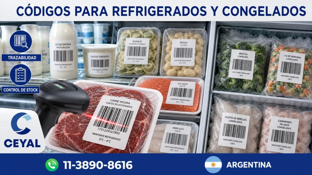 Alimentos refrigerados y congelados con etiquetas térmicas y códigos de barras