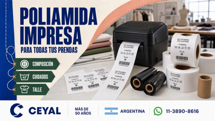 Poliamida impresa para prendas con composición, cuidados y talle