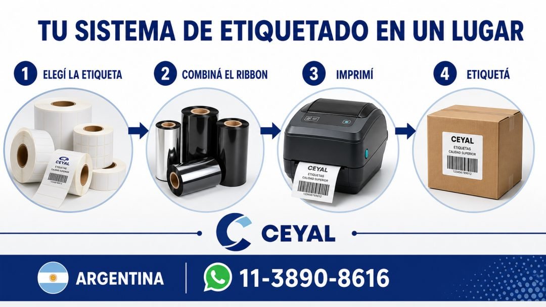 Sistema de etiquetado con etiquetas, ribbons, impresora y aplicación