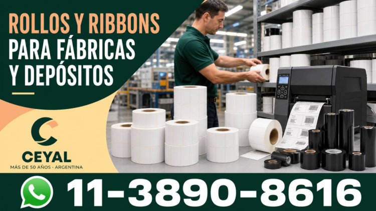 Rollos de etiquetas y ribbons para producción continua en fábricas y depósitos