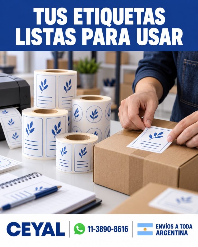 Tus etiquetas listas para usar: rollos impresos y aplicación en una caja